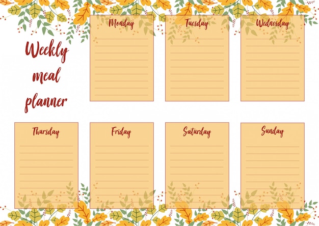 Weekly meal planner with autumn leaves background | Premium Vector