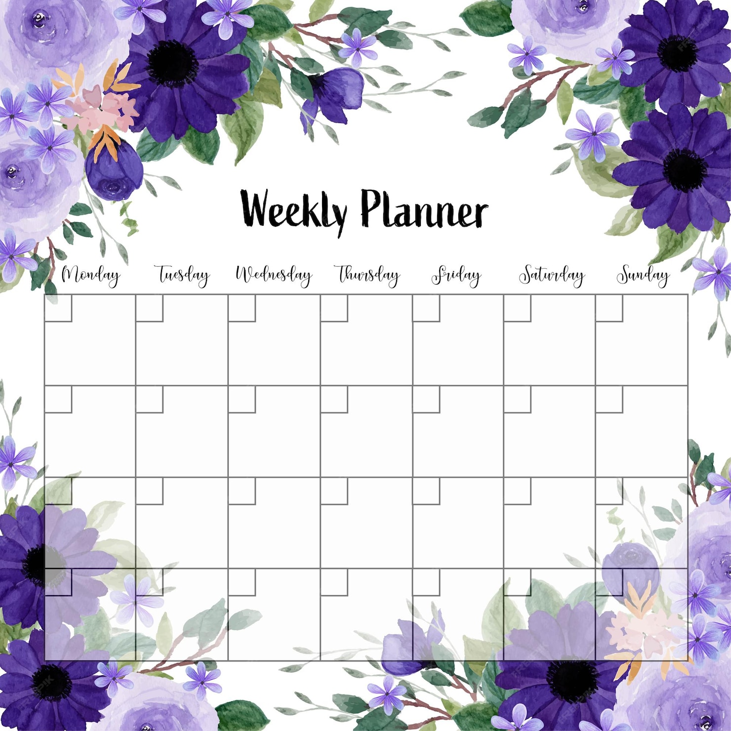 Premium Vector | Weekly planner with purple floral watercolor