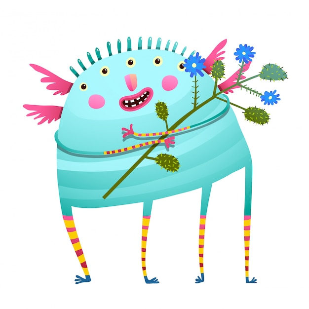 Premium Vector Weird Monster Holding Flowers