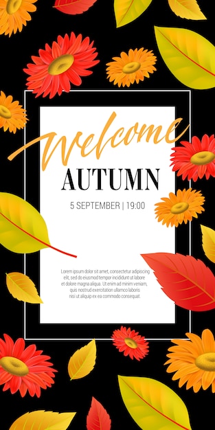 Welcome autumn lettering with leaves and\
flowers. Autumn offer or sale advertising