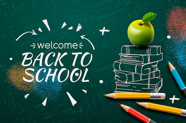 Welcome back to school, doodle on chalkboard background,. Premium Vector