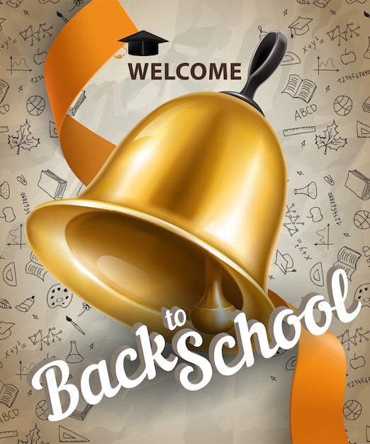 Welcome, back to school lettering and big bell Free Vector