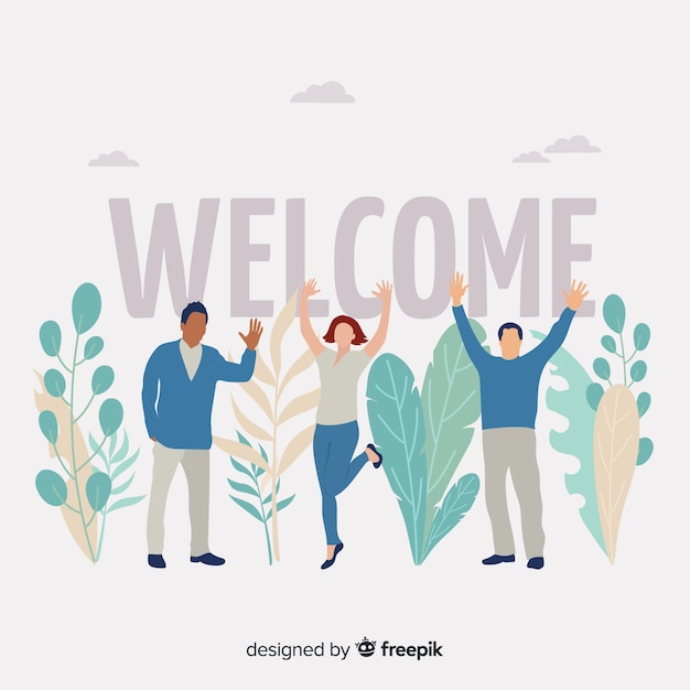 Welcome lettering with people cheering Free Vector