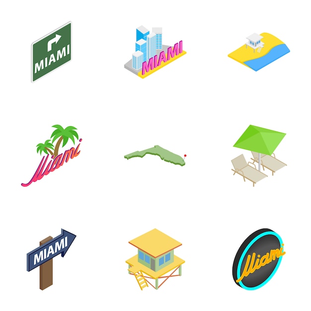 Premium Vector | Welcome to miami icons set, isometric 3d style