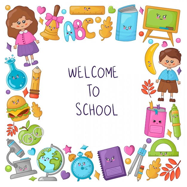 Welcome to school frame with kawaii school supplies and cute cartoon  characters - kids, book, pencil | Premium Vector