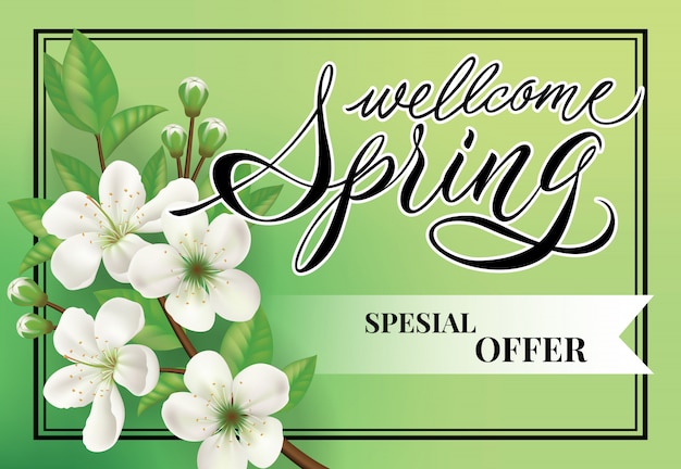 Free Vector Welcome Spring Special Offer Lettering Shopping Inscription With Apple Blossom Flowers