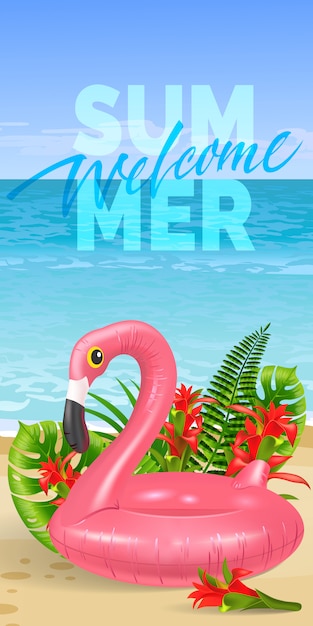 Welcome summer banner with tropical leaves, red
flowers, pink toy flamingo, beach