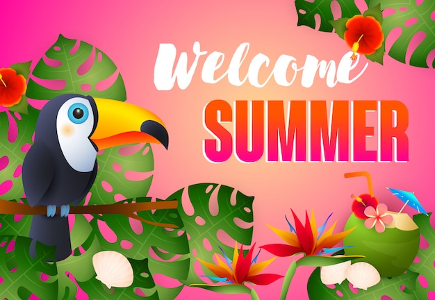 Download Welcome summer lettering with exotic bird, flowers and ...