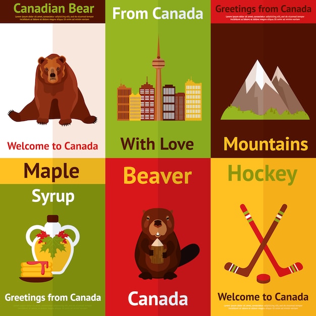 カナダのイラストセットへようこそ カナダから愛をこめてカナダのクマ 山 ビーバー メープルシロップ プレミアムベクター