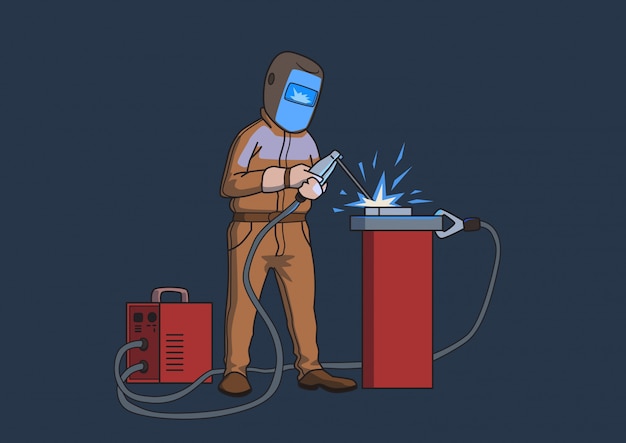 職場での防護マスクの溶接機 暗い背景上の漫画イラスト プレミアムベクター