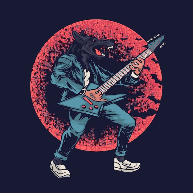エレクトリックギターのイラストで音楽を演奏する狼男 プレミアムベクター