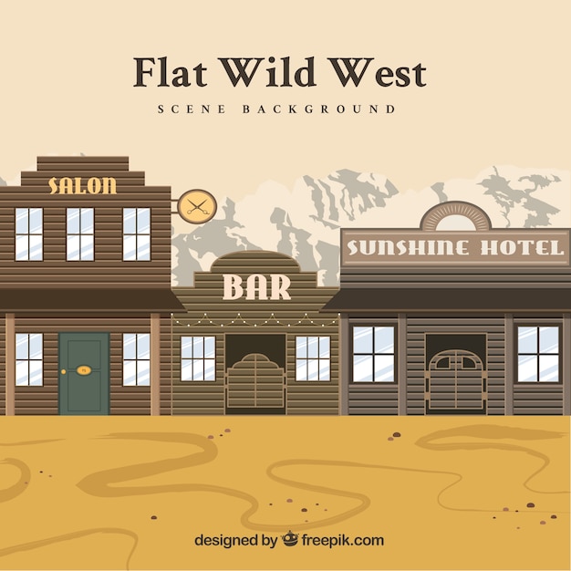 Western background with hotel and saloons in\
flat design