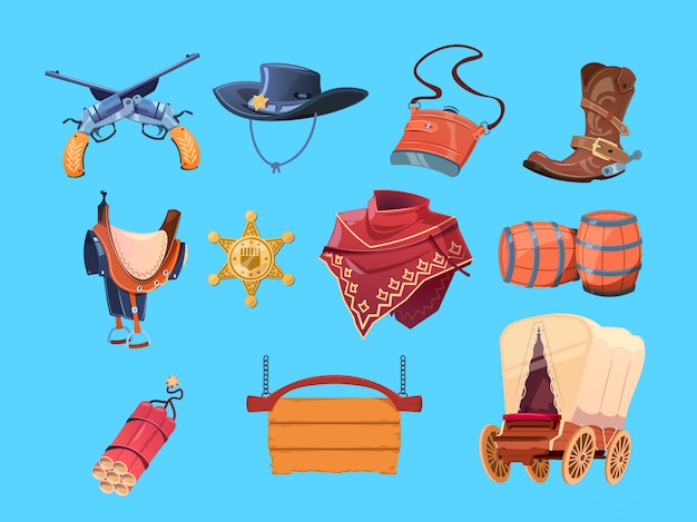 Premium Vector Western Cartoon Elements Wild West Cowboy Boots Hat And Gun Sheriff Badge Dynamite And Wagon