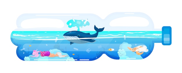 クジラとプラスチックボトルコンセプトアイコンの廃棄物 環境汚染問題 海の動物と海の水のゴミ クリップアート 白い背景の上の漫画イラスト プレミアムベクター