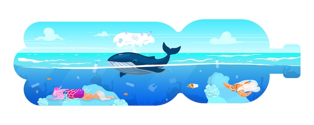 クジラとペットボトルシルエットフラットコンセプトアイコンの廃棄物 環境汚染 海の動物と海の水のゴミ クリップアート 白い背景の上の孤立した漫画イラスト プレミアムベクター