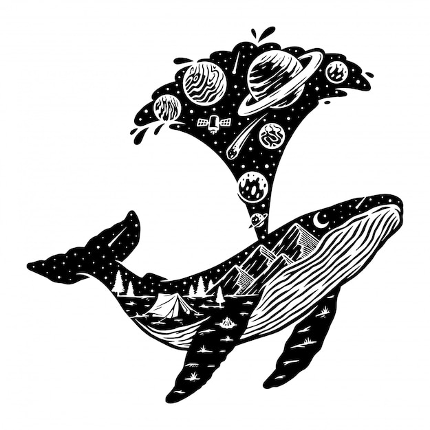 クジラのシルエットと自然の風景イラスト プレミアムベクター