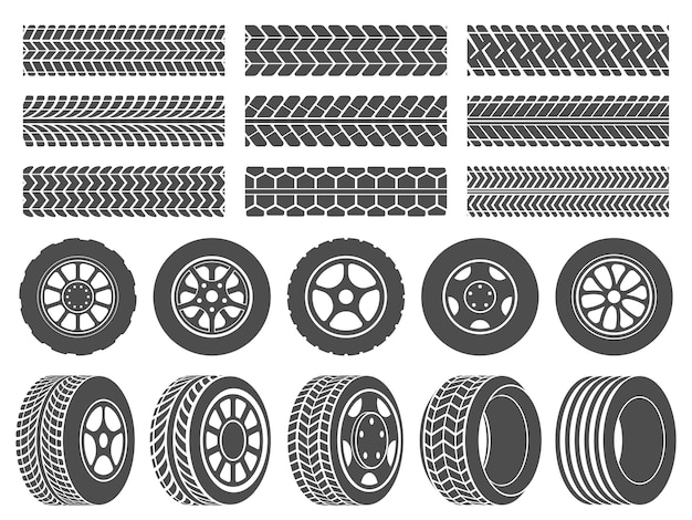 ホイールタイヤ 車のタイヤのトレッドトラック オートバイレーシングホイールのアイコン 汚れたタイヤトラックイラストセット プレミアムベクター