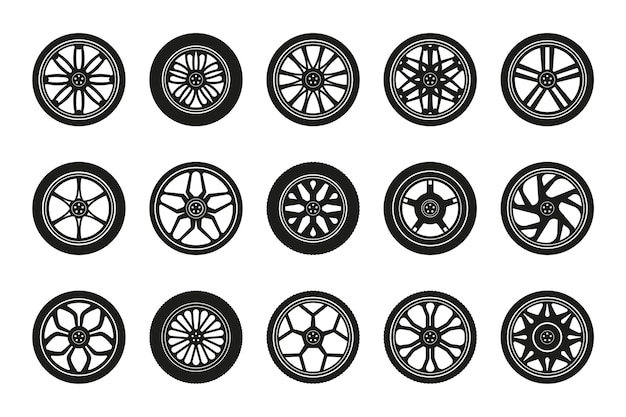 ホイールアイコンコレクション 車のタイヤとリムのシルエット ベクトルイラスト プレミアムベクター