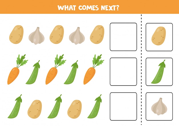 Premium Vector | Which vegetable comes next. logical game for kids.