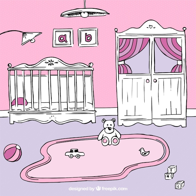 White and pink hand-drawn baby room