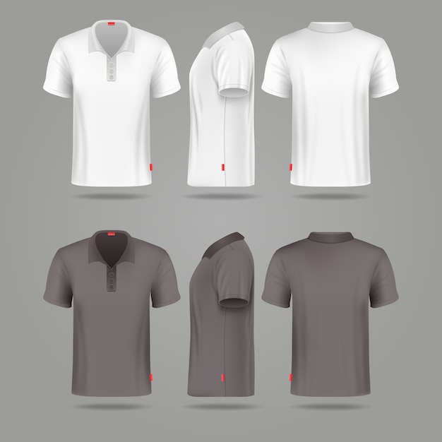 Download Premium Vector White Black Mens Polo T Shirt Front Back And Side Views Vector Mockups Template Fashion Tshirt For PSD Mockup Templates
