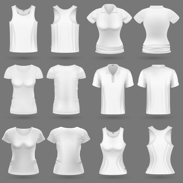 男と女のファッション デザインのための白い空白3 D Tシャツベクトル 女性のシャツとスポーツイラストの着用 プレミアムベクター