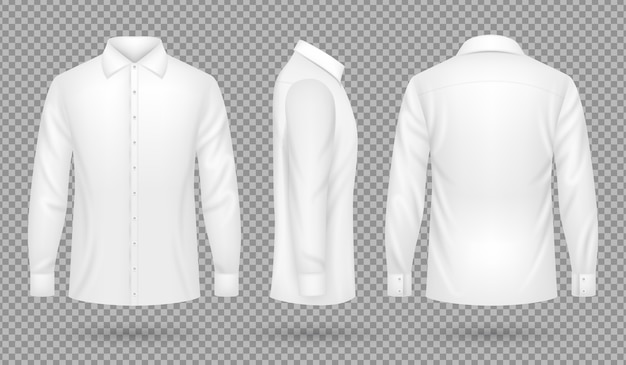 正面 側面 背面図に長袖の白い空白の男性のシャツ 分離された現実的なベクトルテンプレート シャツの空白の男 綿の服のビュー ベクトルイラスト プレミアムベクター
