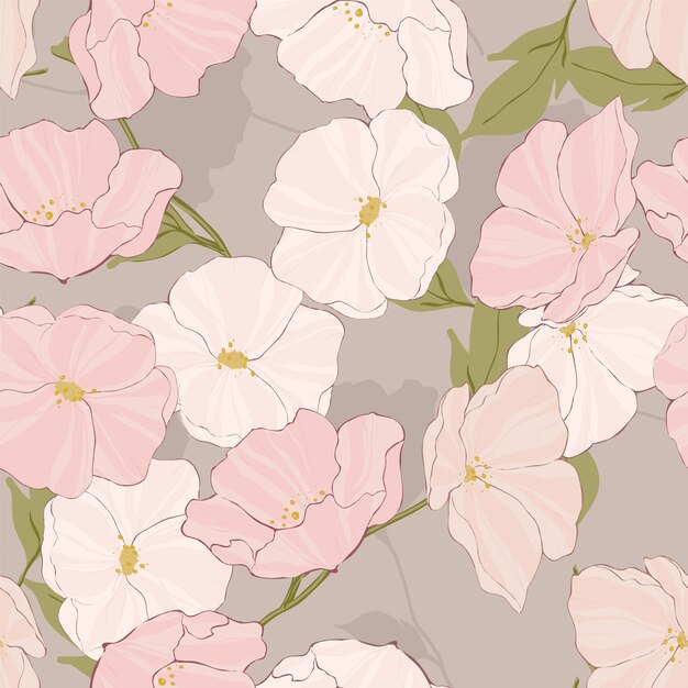 白い花の美しいベクターのシームレスなパターン 描かれたポピーのデザイン 庭の熱帯のイラスト ピンクの花の壁紙 プレミアムベクター