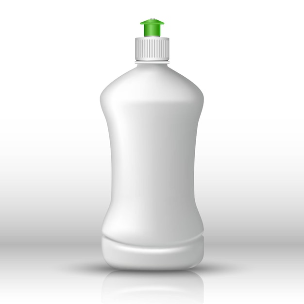 緑のキャップと食器洗い機の液体の白いボトル 白い背景の上のアイコンのイラスト プレミアムベクター