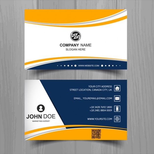 White business card with blue and yellow\
shapes