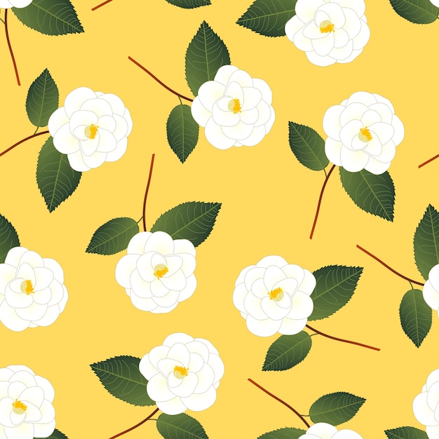 黄色の背景に白いカメリアの花 プレミアムベクター