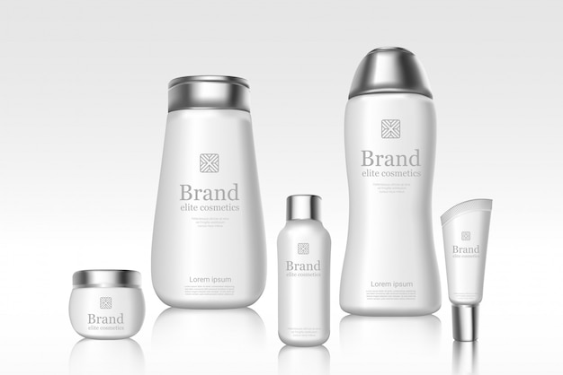 ブランドロゴ入りの白い化粧品ブランドのボトル 広告バナーテンプレート 明るい背景に反射するスキンケア製品 広告ポスターイラスト プレミアムベクター