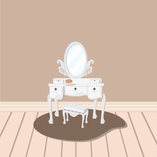 White dressing table with relate mirror and stool vector Premium Vector