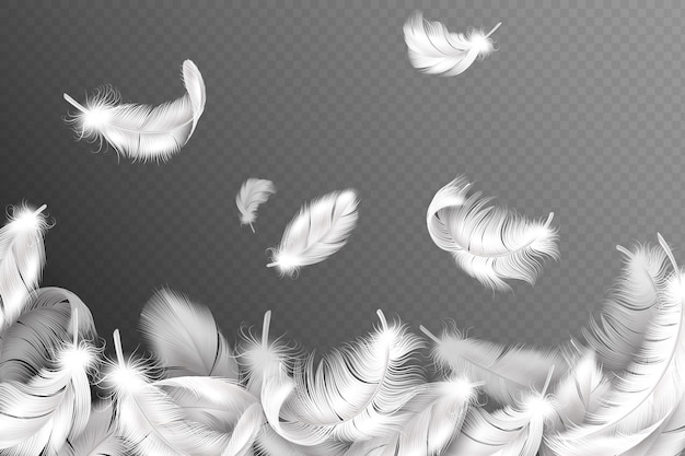 白い羽の背景 飛んでいるふわふわの白鳥 鳩または天使の羽 柔らかい鳥の羽 スタイルチラシコンセプト プレミアムベクター