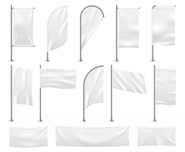 Download Premium Vector | White flags set. blank banner mockup empty waving fabric canvas poster pennant ...