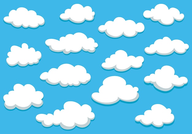 背景や壁紙のデザインとページの塗りつぶしの漫画スタイルの春の青い空に白いふわふわの雲 プレミアムベクター