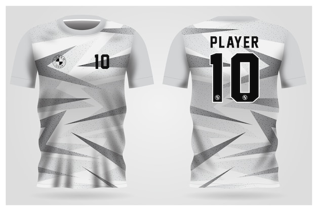 サッカークラブ用の白灰色のサッカージャージーユニフォーム Tシャツの正面図と背面図 プレミアムベクター