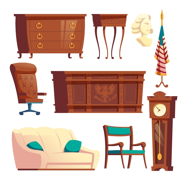 White House Oval Office Wooden Furniture Cartoon Vector Set Free