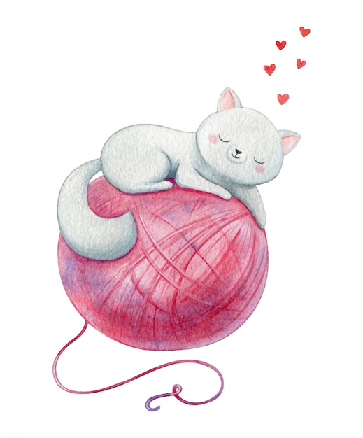 巨大なピンクの糸で白い子猫が眠る 甘い猫は毛糸玉が大好きです 伝統的な水彩イラスト プレミアムベクター