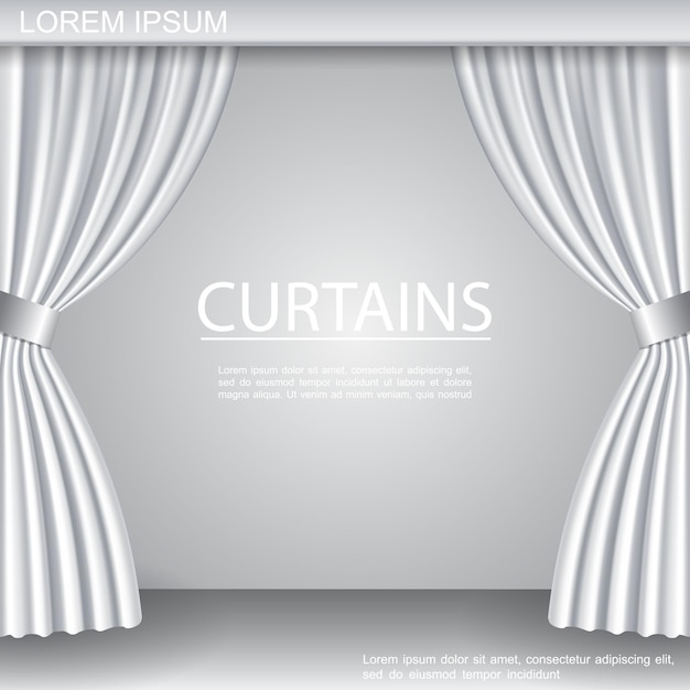 リアルなスタイルのイラストで劇場の舞台に白い豪華なエレガントな開いたカーテンテンプレート 無料のベクター