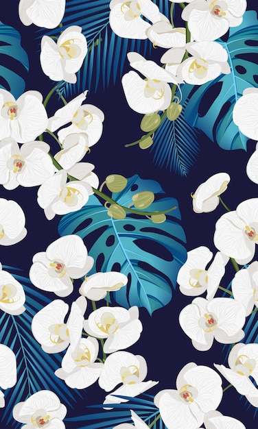 White orchid floral seamless pattern with tropical leaves ...