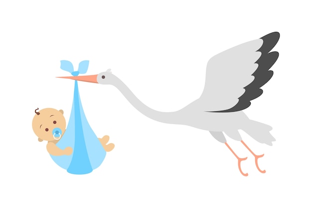 生まれたばかりの赤ちゃんと一緒に飛んでいるコウノトリ 出産のお知らせ 赤ちゃん誕生のお祝いのグリーティングカード 図 プレミアムベクター