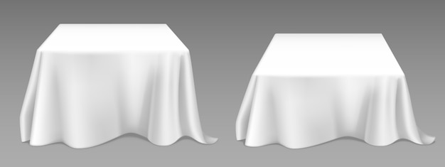 正方形のテーブルに白いテーブルクロス 宴会レストラン 休日のイベントやディナーのためのカーテンと空のリネン布で空のダイニングデスクのベクトル現実的なモックアップ 布製カバー付きテンプレート 無料のベクター