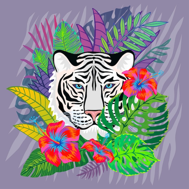 Premium Vector | White tiger head in colorful tropical leaves