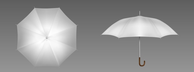 Download White umbrella front and top view. vector realistic mockup of blank parasol with wooden handle ...
