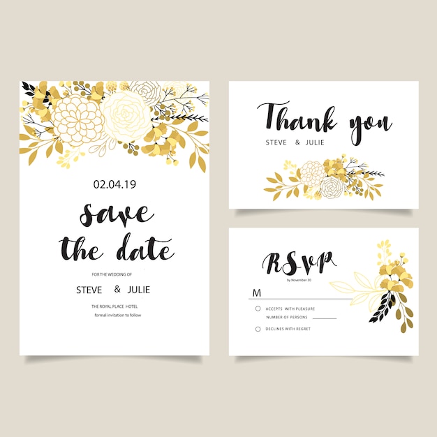 White wedding card with golden flowers\
collection