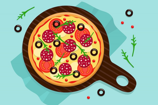 Premium Vector | Whole round pizza on a tray