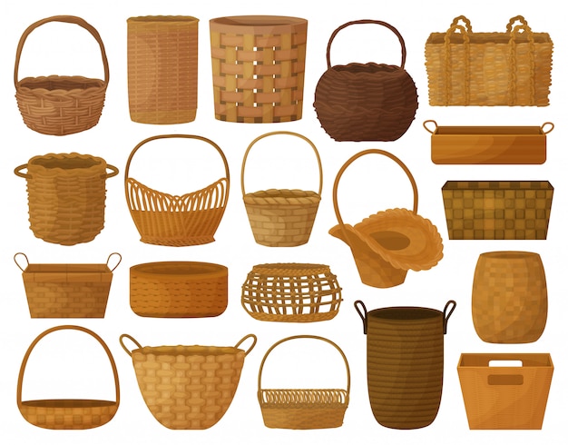  Wicker basket cartoon set icon. illustration wooden accessory on white background. isolated cartoon