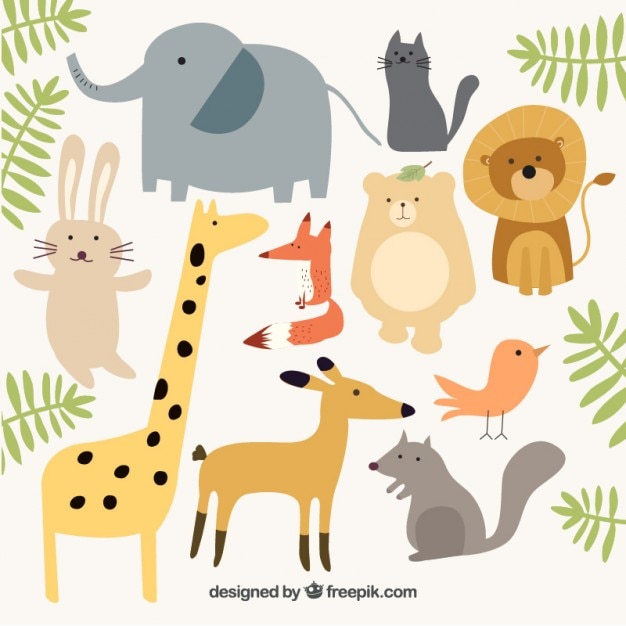 Wild animal collection with green leaves