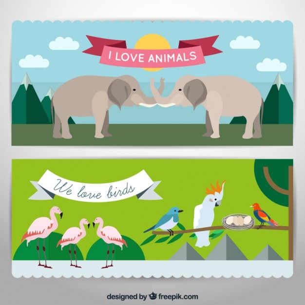 Wild animals and exotic birds banners in flat\
design